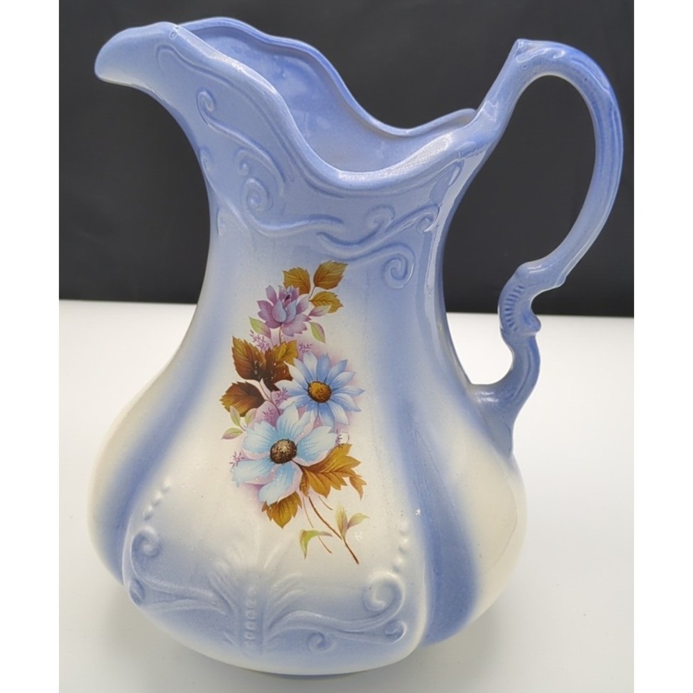 Antique Periwinkle Blue Large 12" Water Pitcher Ironstone England 1890 READ chip